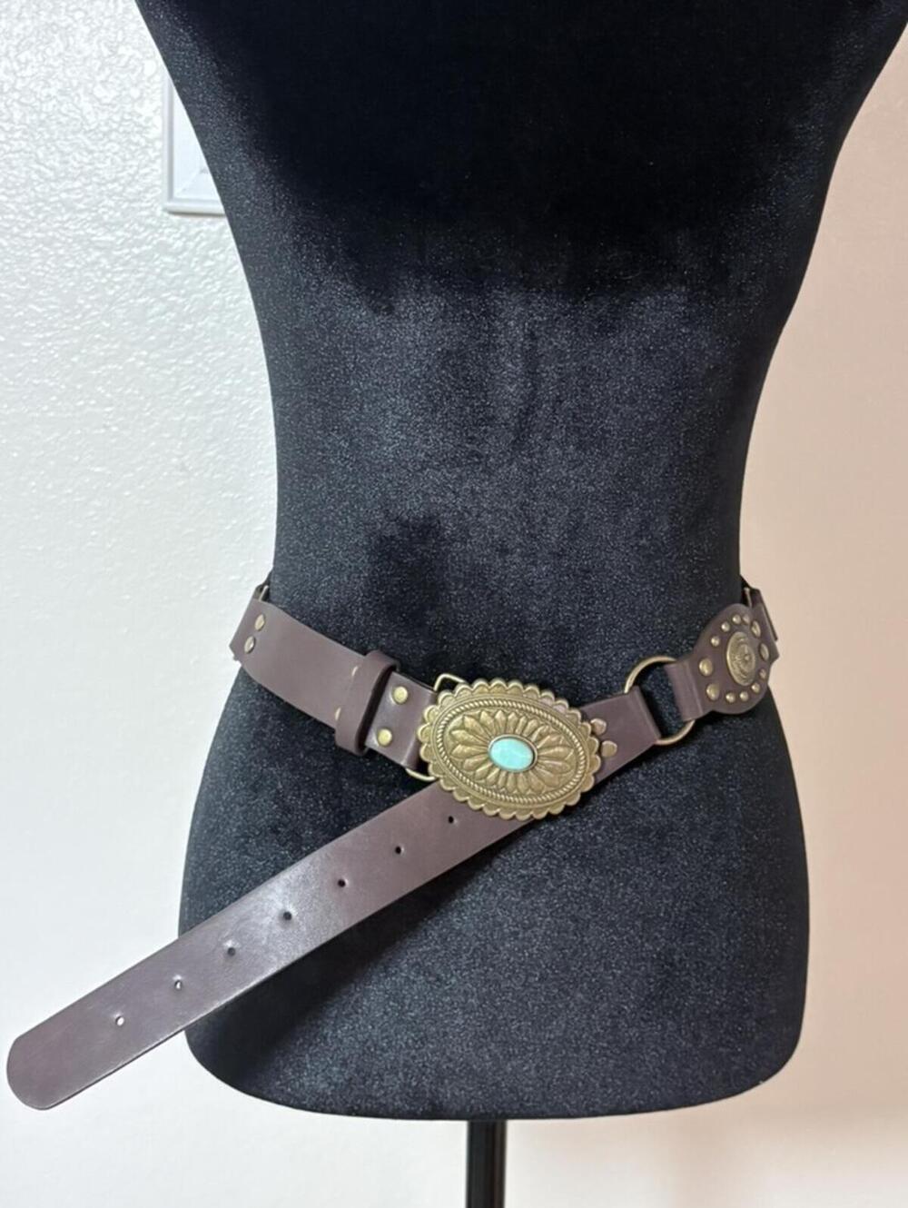 Brown Concho Link Belt Turquoise Stone Buckle Brass Studs Western Boho